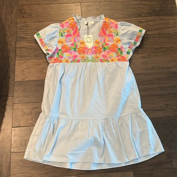 NWT THML Blue Embroidered Floral Dress Sz M - Picture 5 of 9